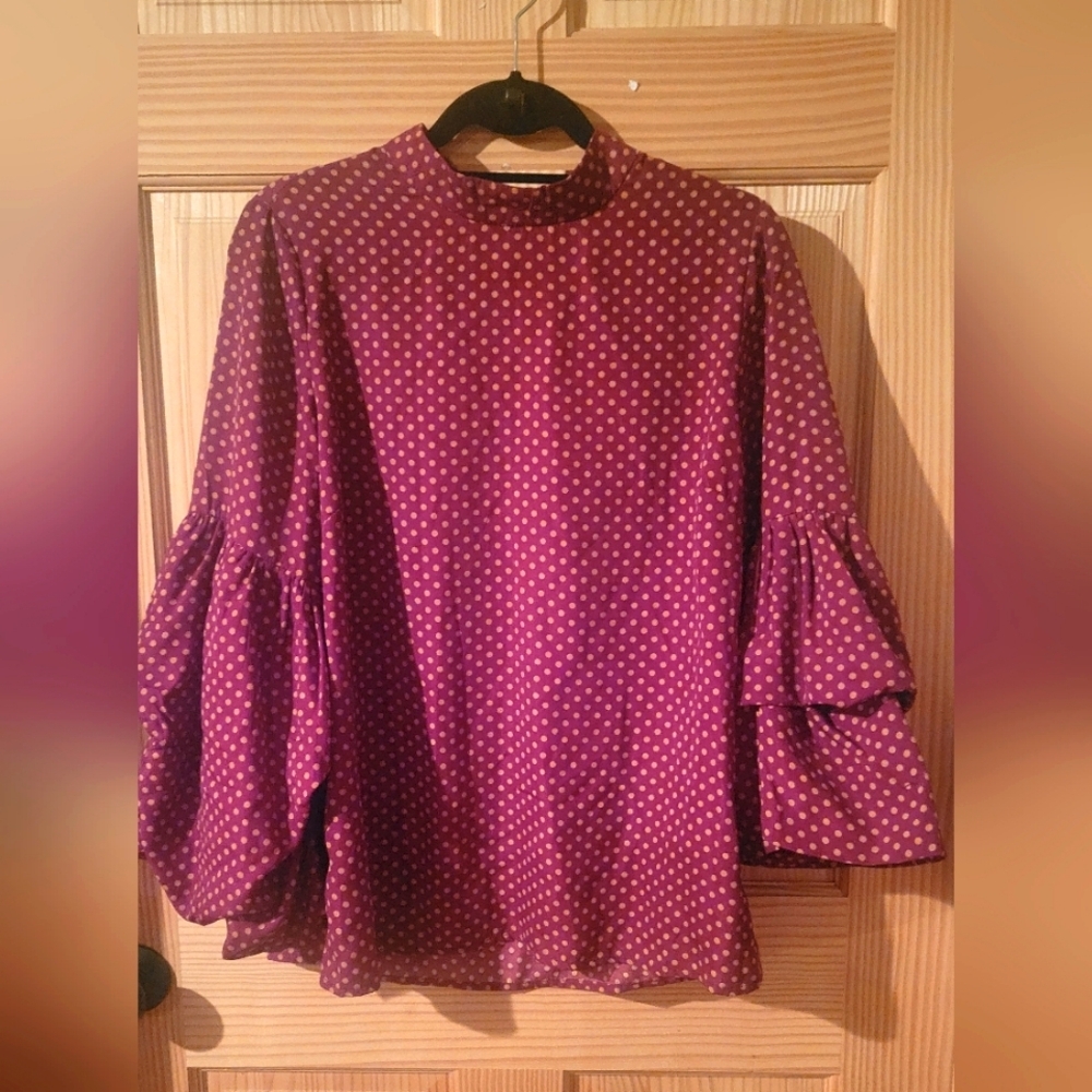 Listicle Burgandy and Beige Boxy Blouse with Ruffled Sleeves and Mandarin Collar